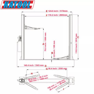 Katool KT-H105 10,000lbs 2-Post Vehicle Lift – Dual Safety Garage Hoist